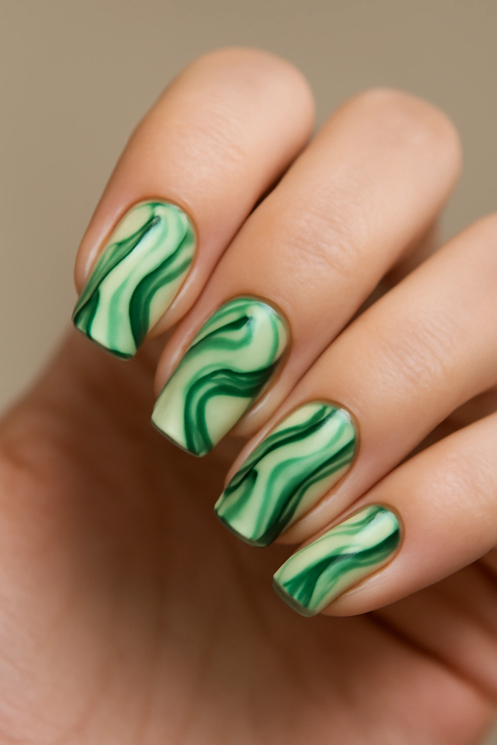 Close-up of abstract green swirl nail art on nude base