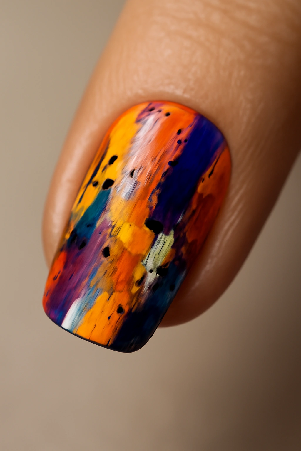 Close-up of a fingernail with bold abstract paint strokes and color splatters