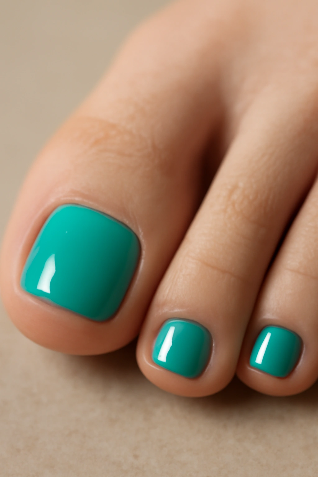 Close-up of an aqua toenail with glossy finish on a neutral background