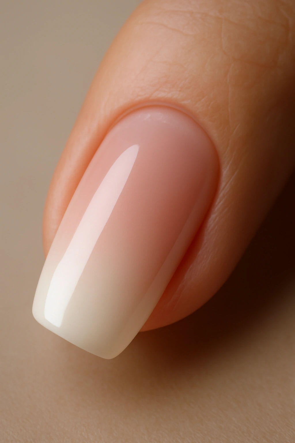 Close-up of a nail with a milky pink to white gradient