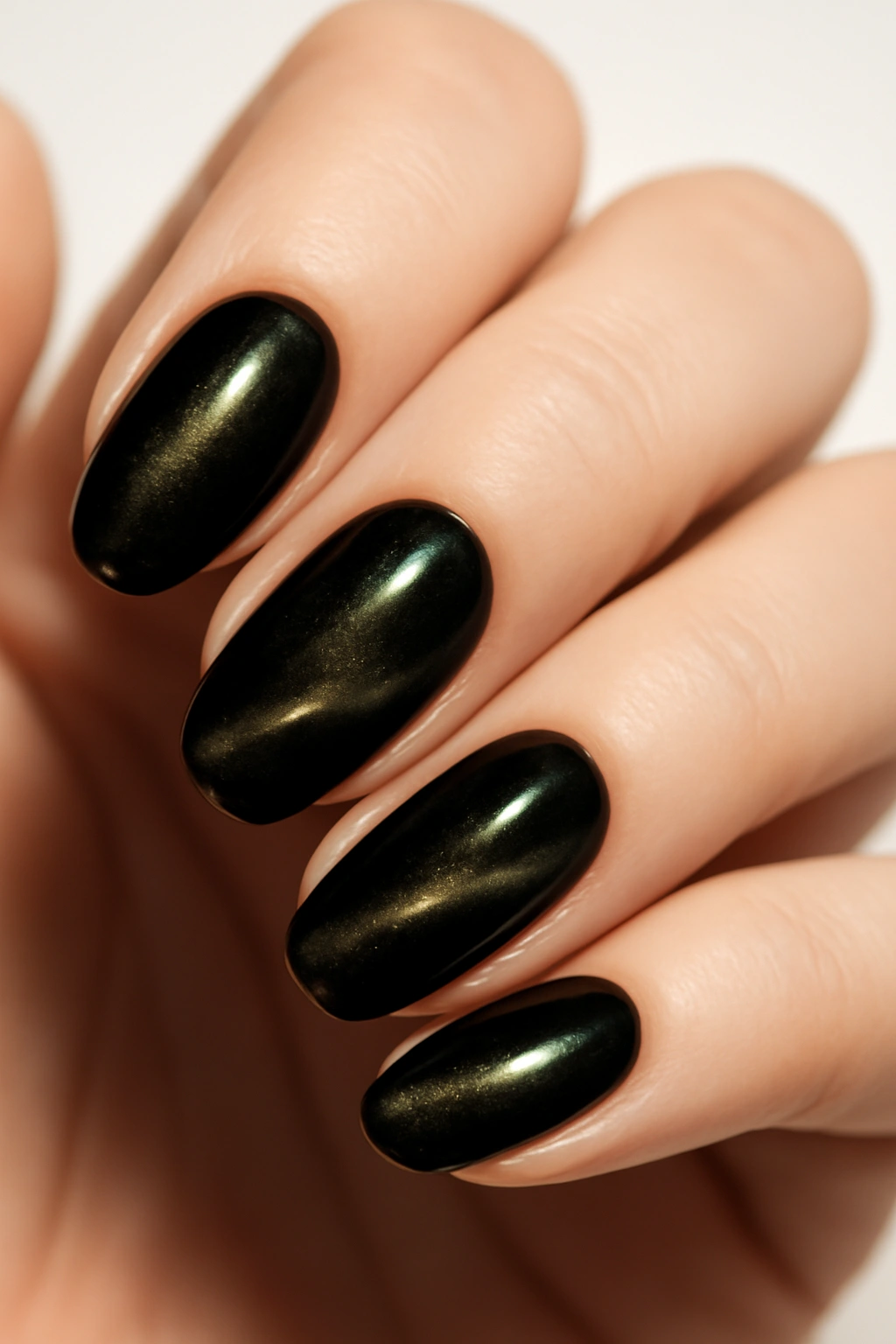 Close-up of black cat eye nails with a sharp metallic shimmer