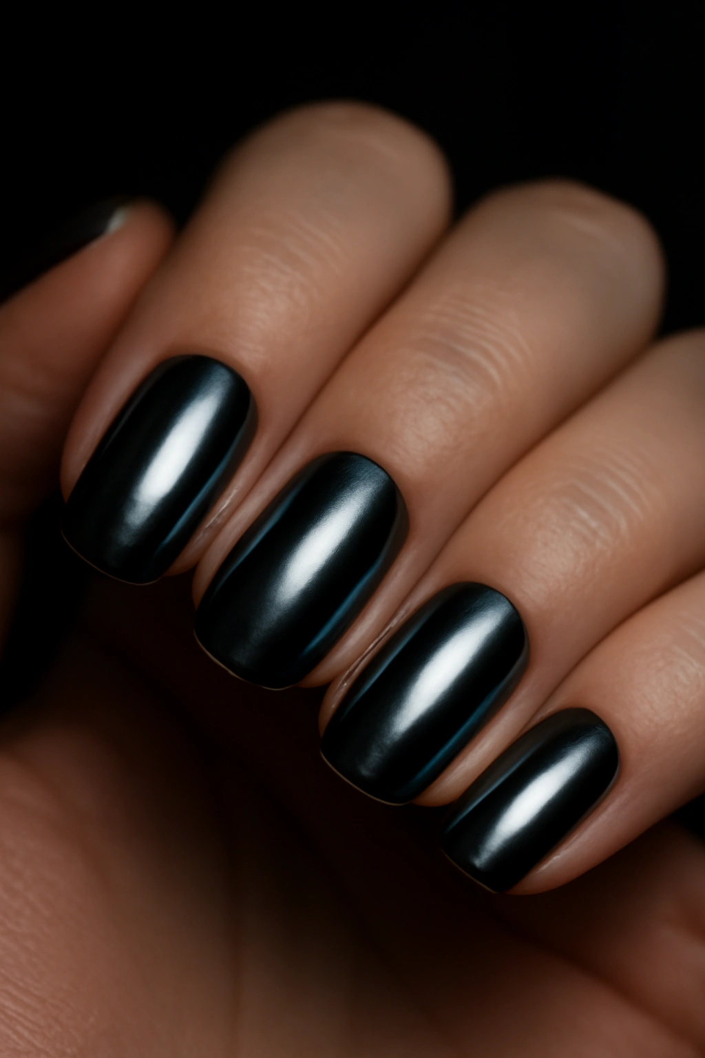 Close-up of black chrome nails with obsidian metallic finish