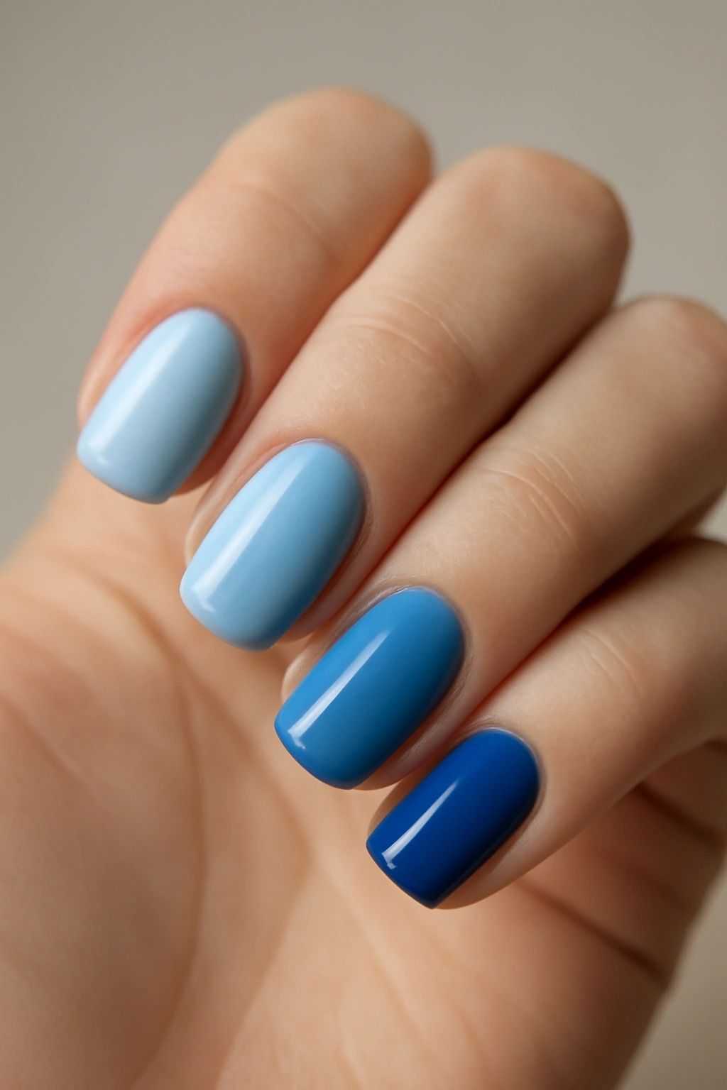 Close-up of five blue gradient nails from light to dark