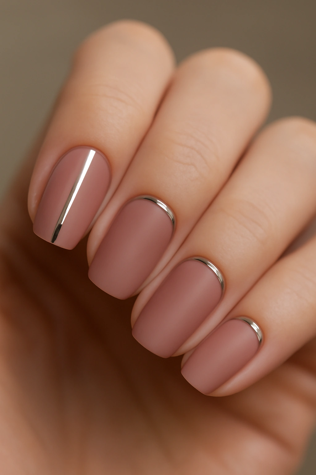 Close-up of solid color nails with chrome accents
