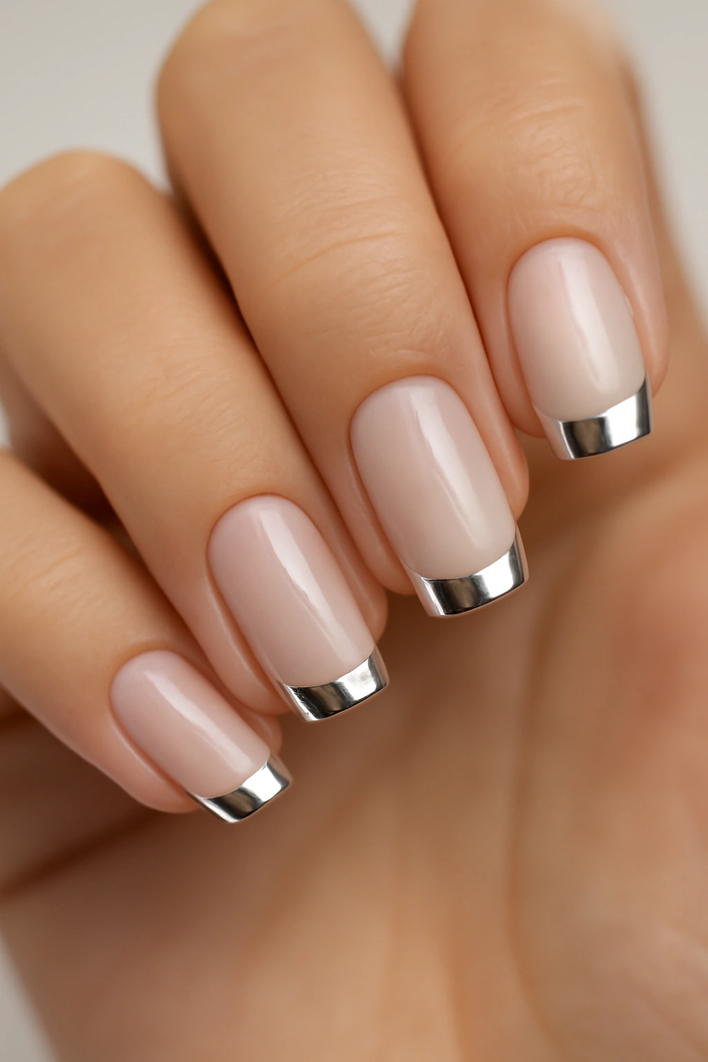Close-up of chrome French tips on nails with silver metallic tips