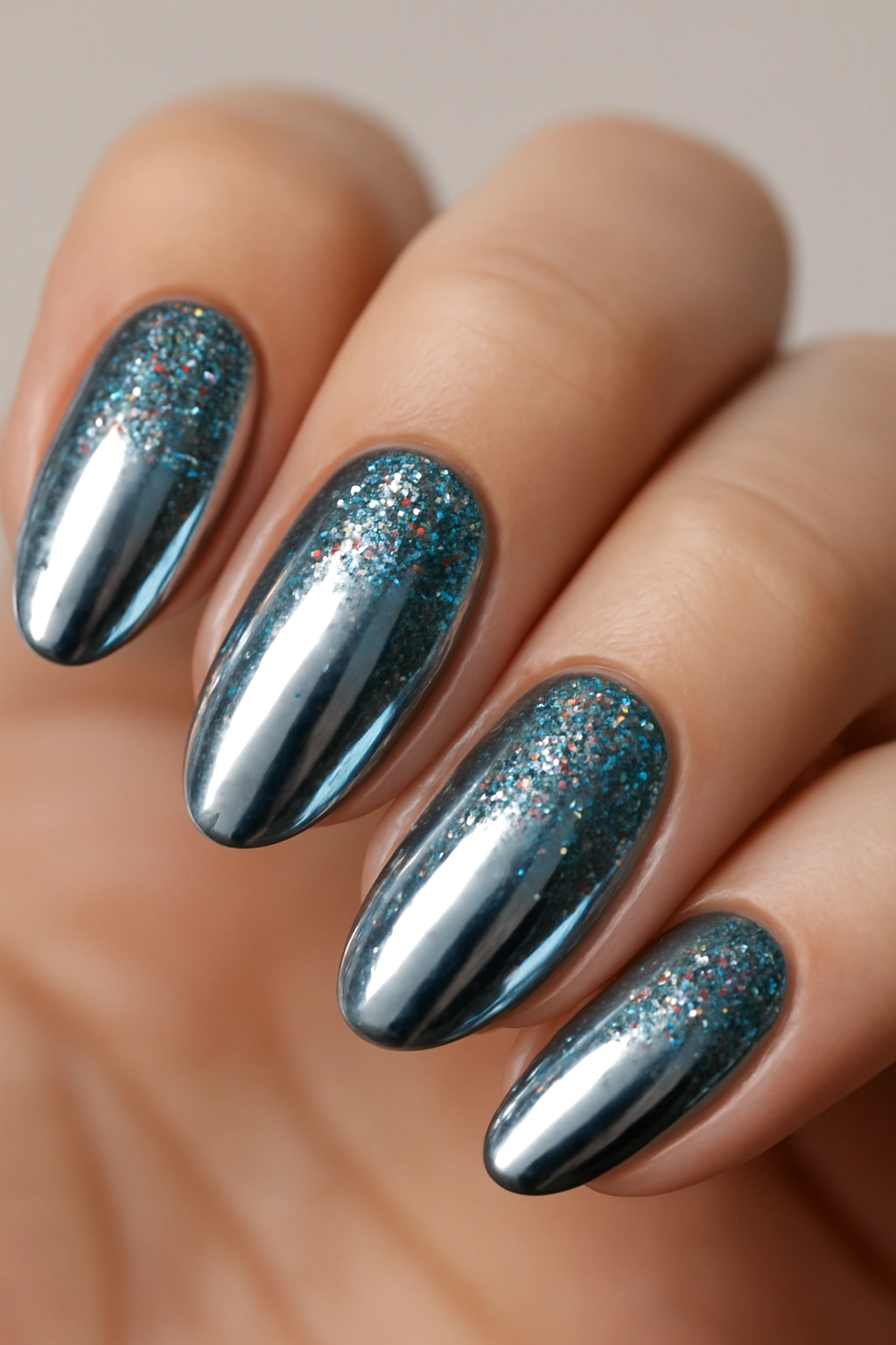 Close-up of chrome nails with glitter accents sparkling under studio lights