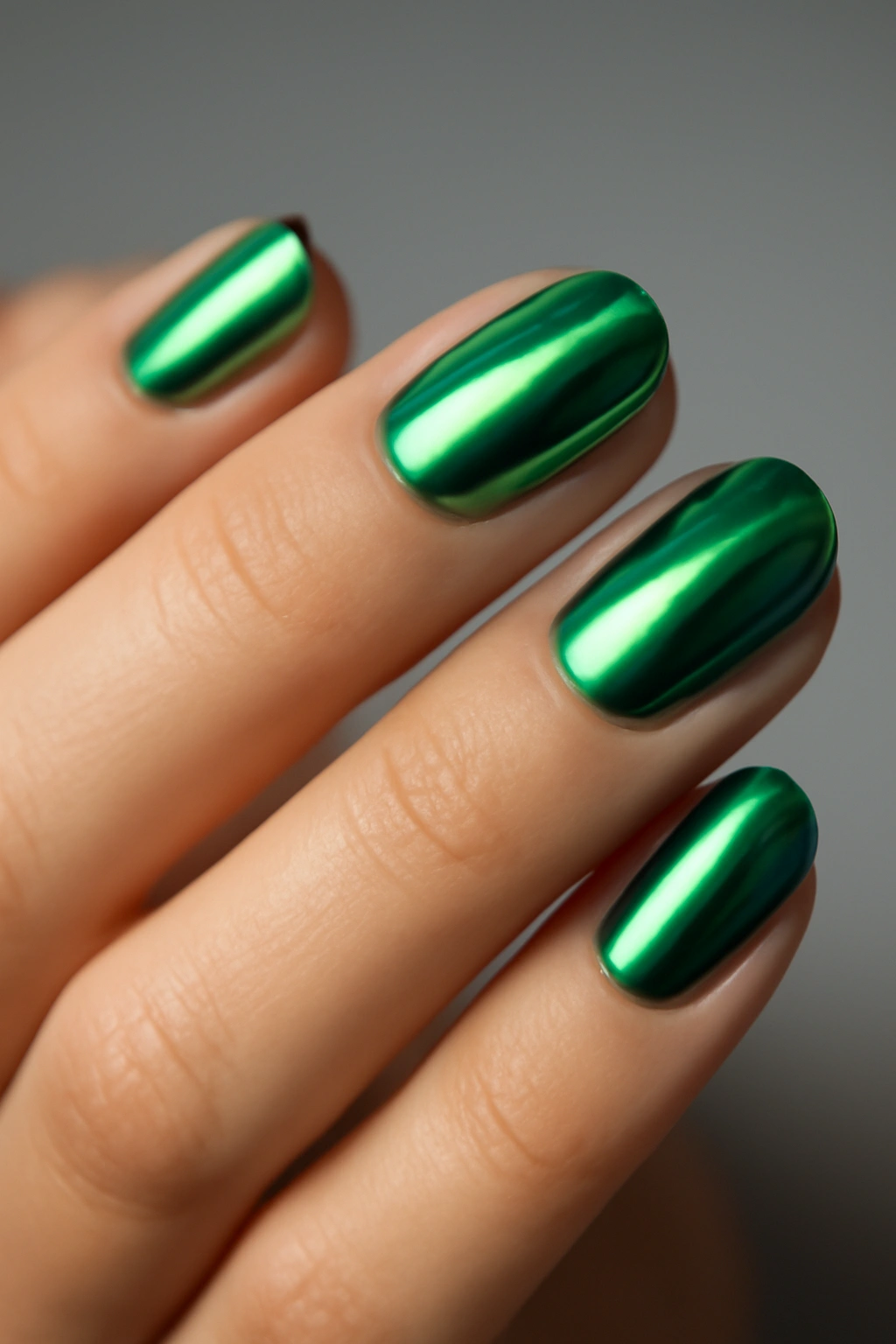 Close-up of chrome green metallic nails with reflective sheen
