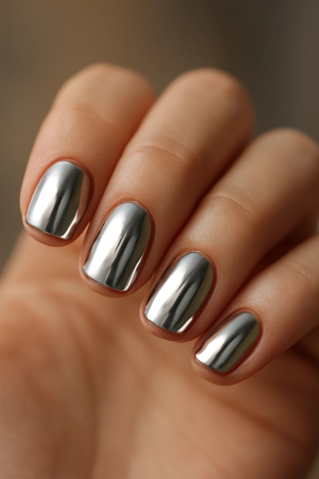 Close-up of short nails with mirror-like silver chrome finish.
