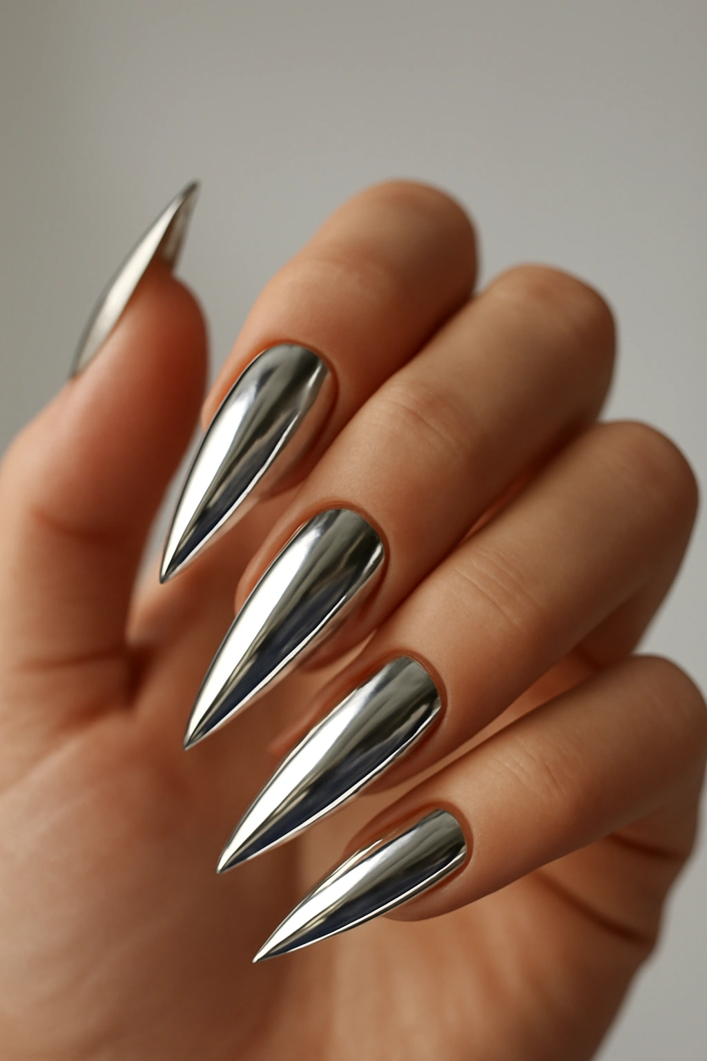 Close-up of hand with chrome nails in stiletto shape and mirror finish