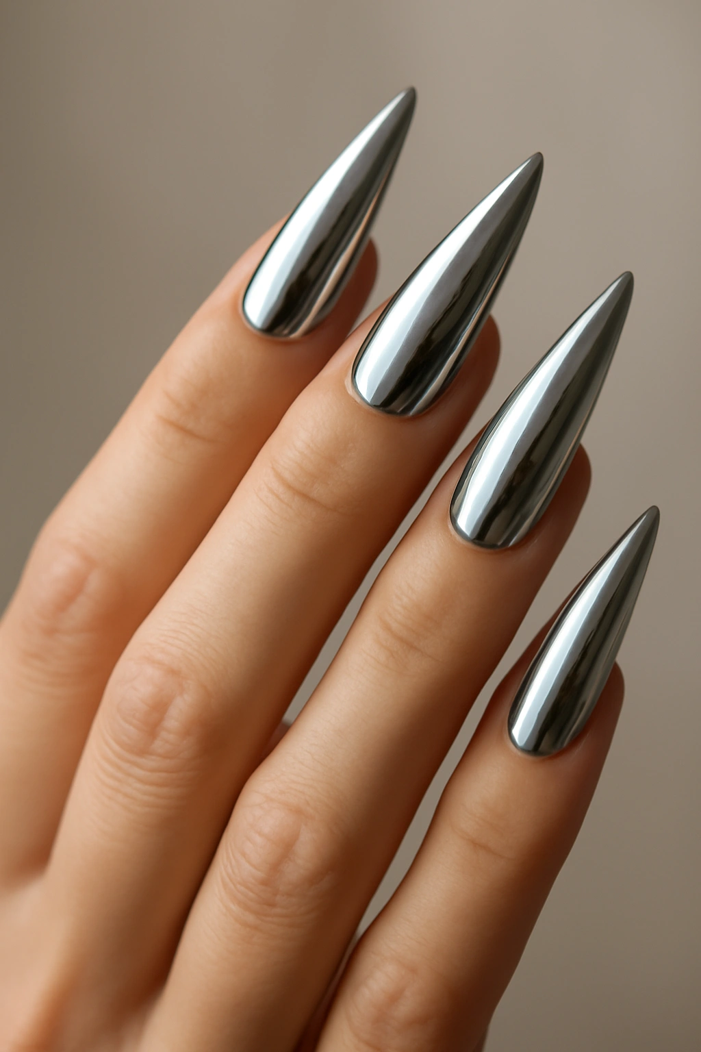 Close-up of a hand with long silver chrome stiletto nails