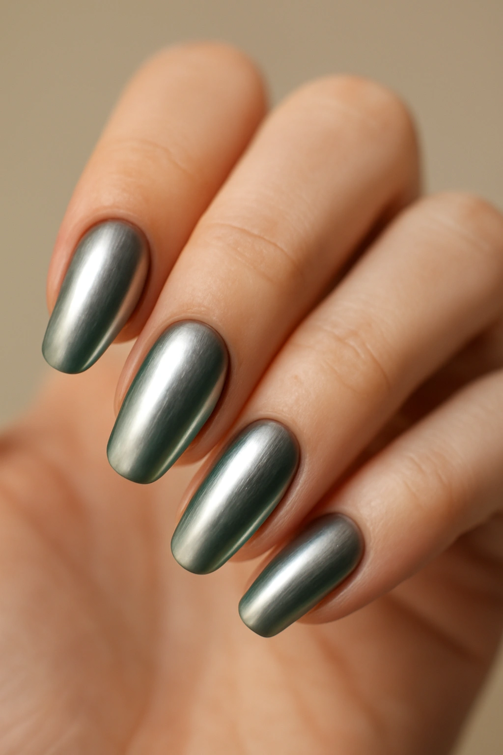 Close-up of chrome ombre nails showing metallic gradient shine