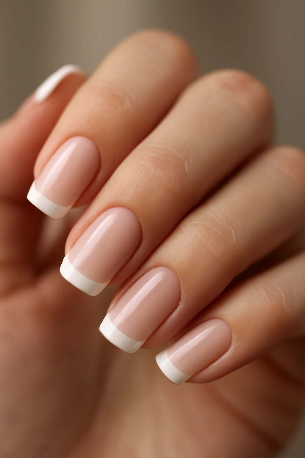 Close-up of square nails with nude pink base and white tips in a classic French manicure