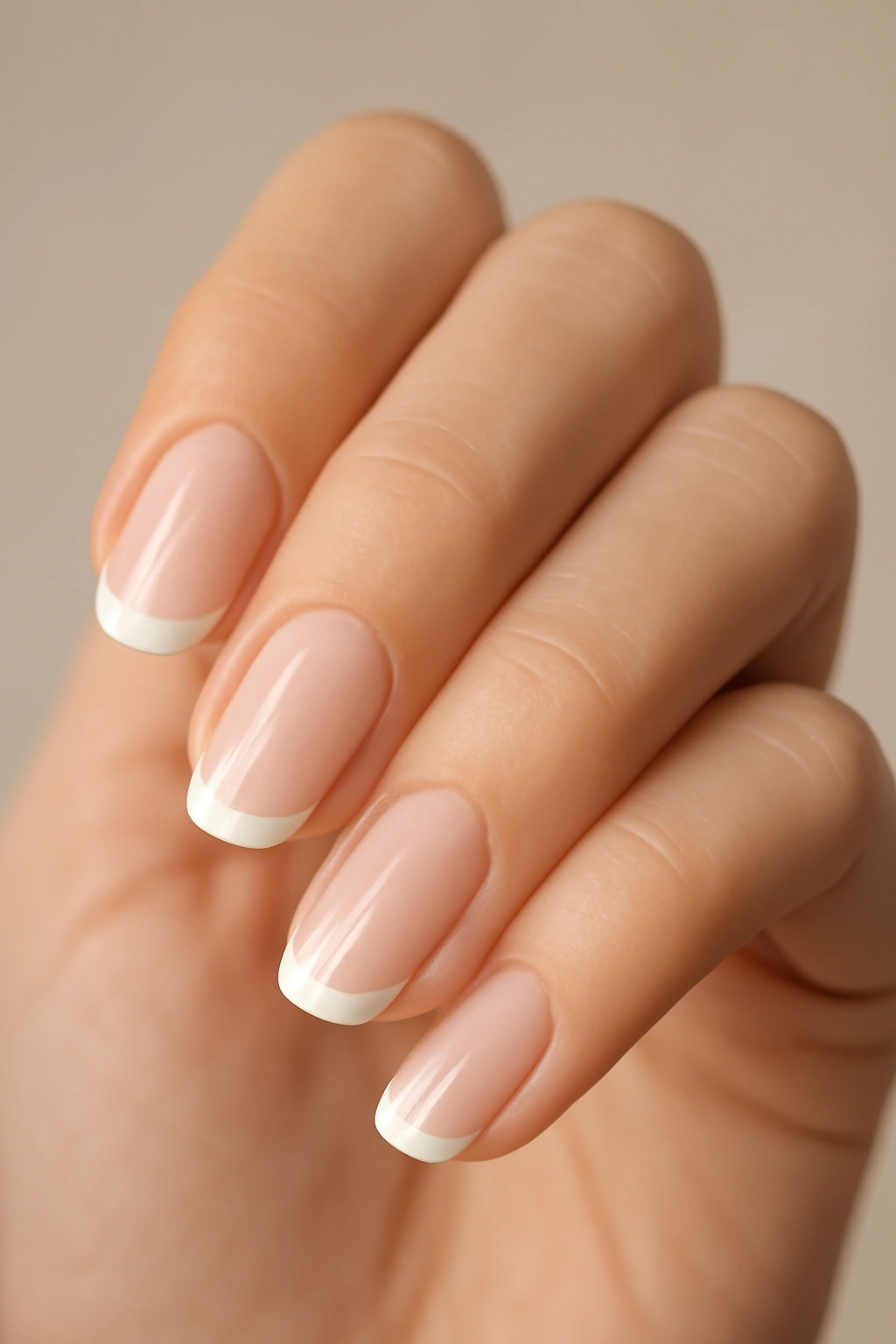 Close-up of hand nails with classic French manicure.