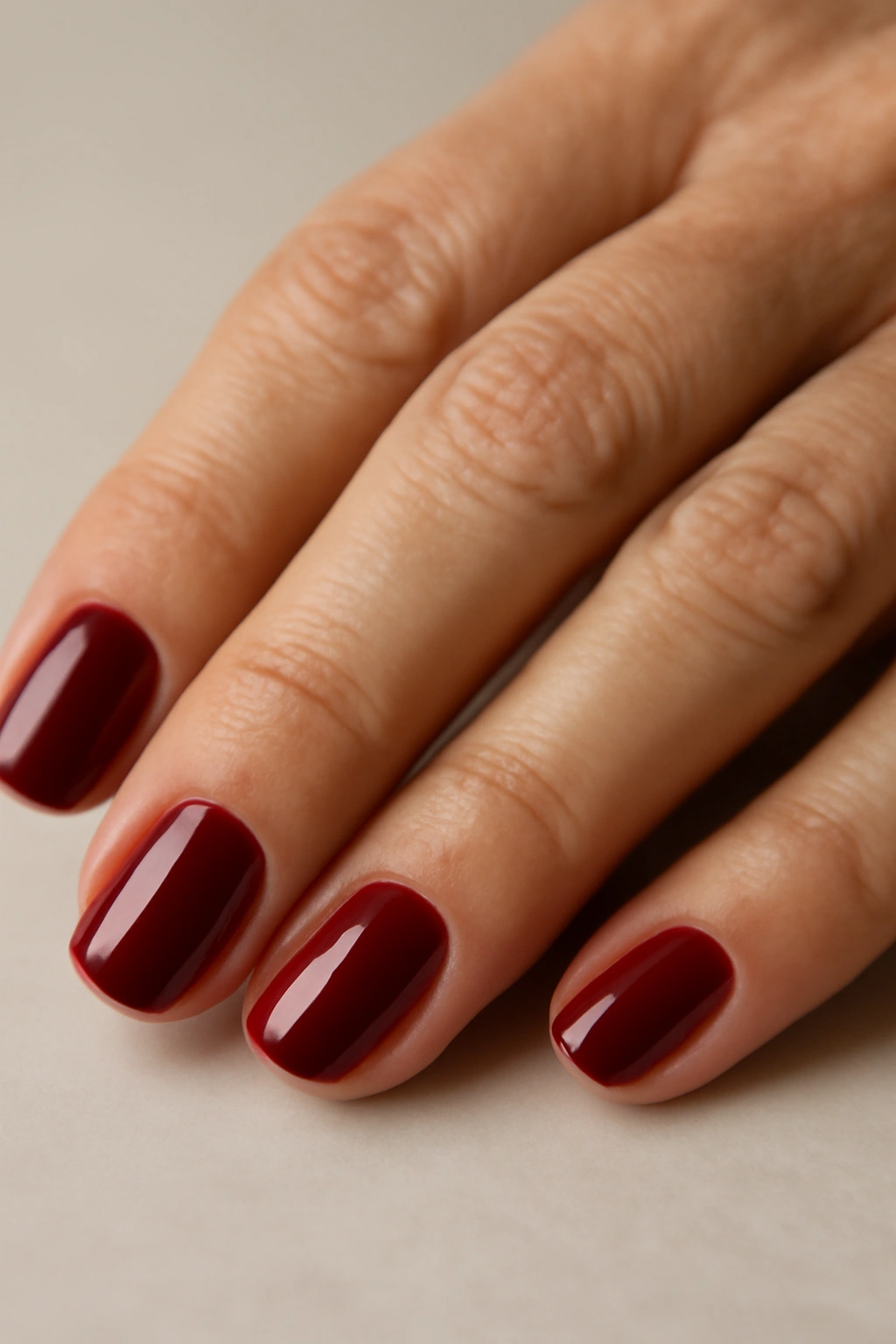 Close-up of hand nails painted in deep burgundy red with glossy finish