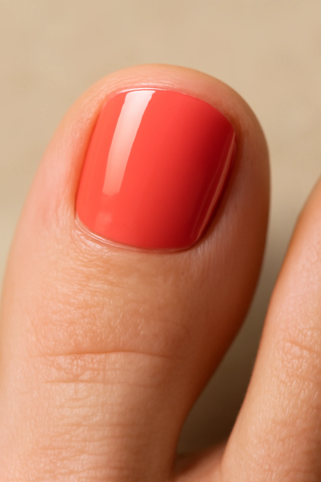 Close-up of a coral toenail with glossy finish