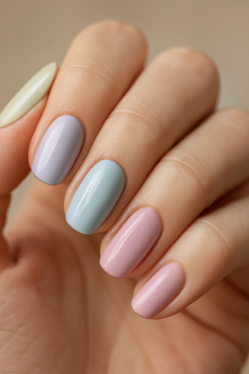 Creamy pastel nails in soft mint, lavender, blue, and rose