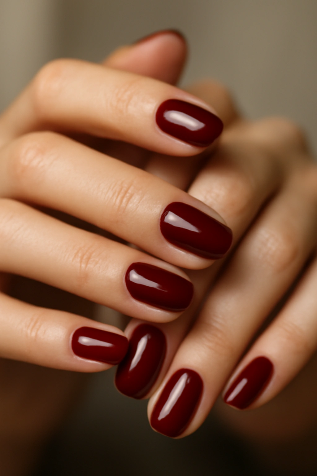 Close-up of hands with deep burgundy red nails, glossy winter manicure.