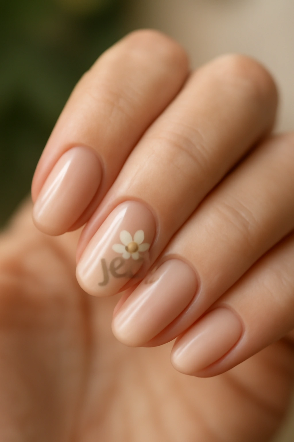 Close-up of nails with a tiny floral accent on one nail