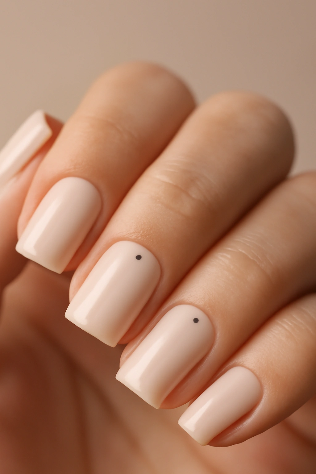 Close-up of square nails with a soft pastel base and a tiny dot accent near the cuticle