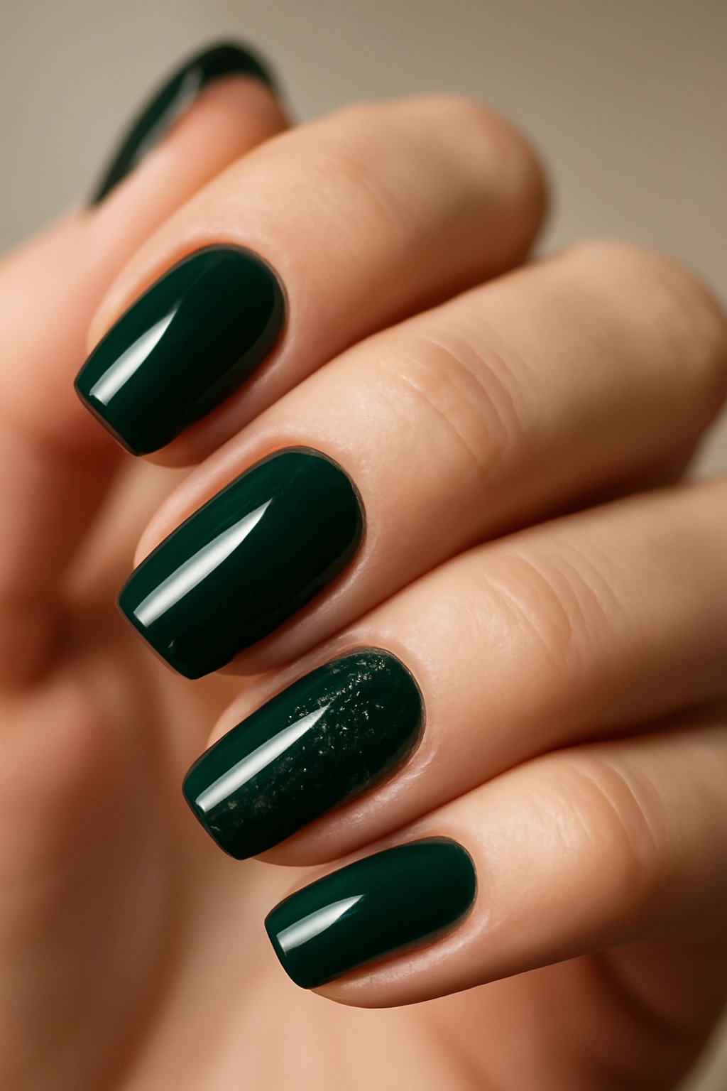 Close-up of emerald green manicure with glitter accent nail