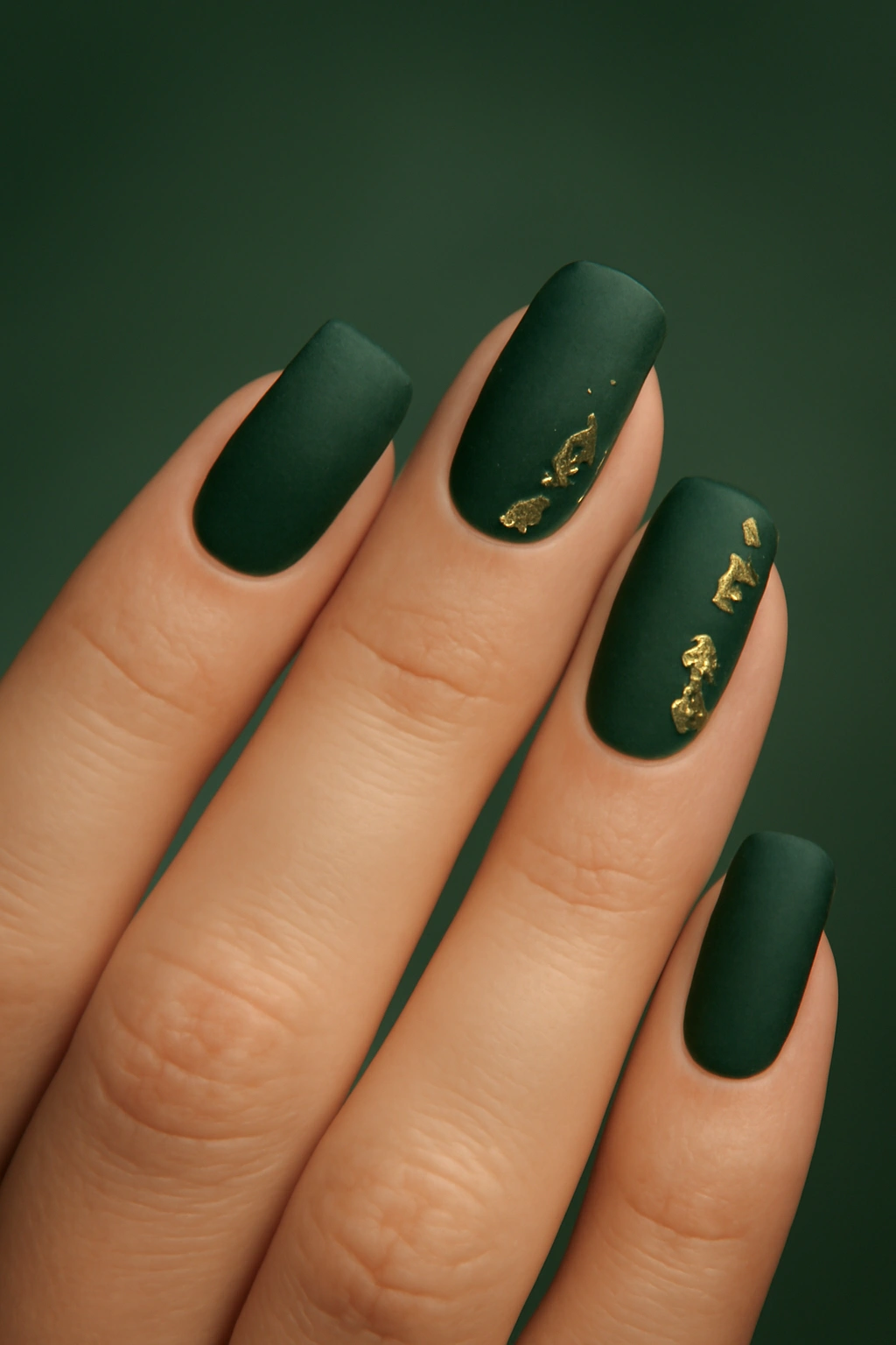 Close-up of forest green nails with matte finish and gold accents