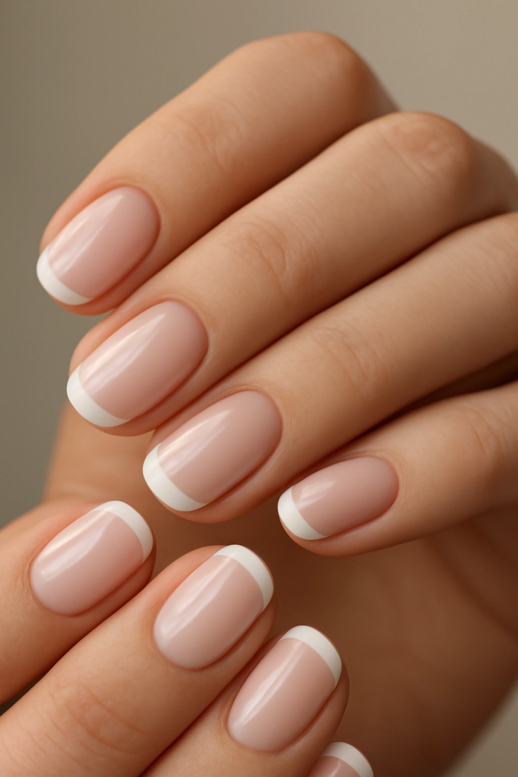Close-up of classic French manicure with nude base and white tips