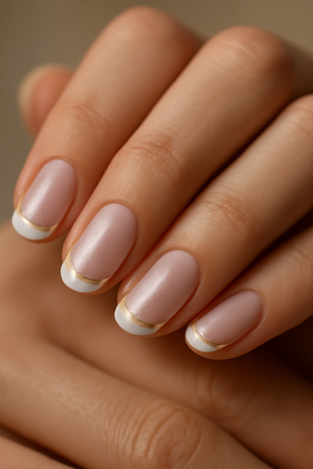 Close-up of nails with a milky pink base and pearlescent white tips, featuring a subtle metallic stripe at the cuticle
