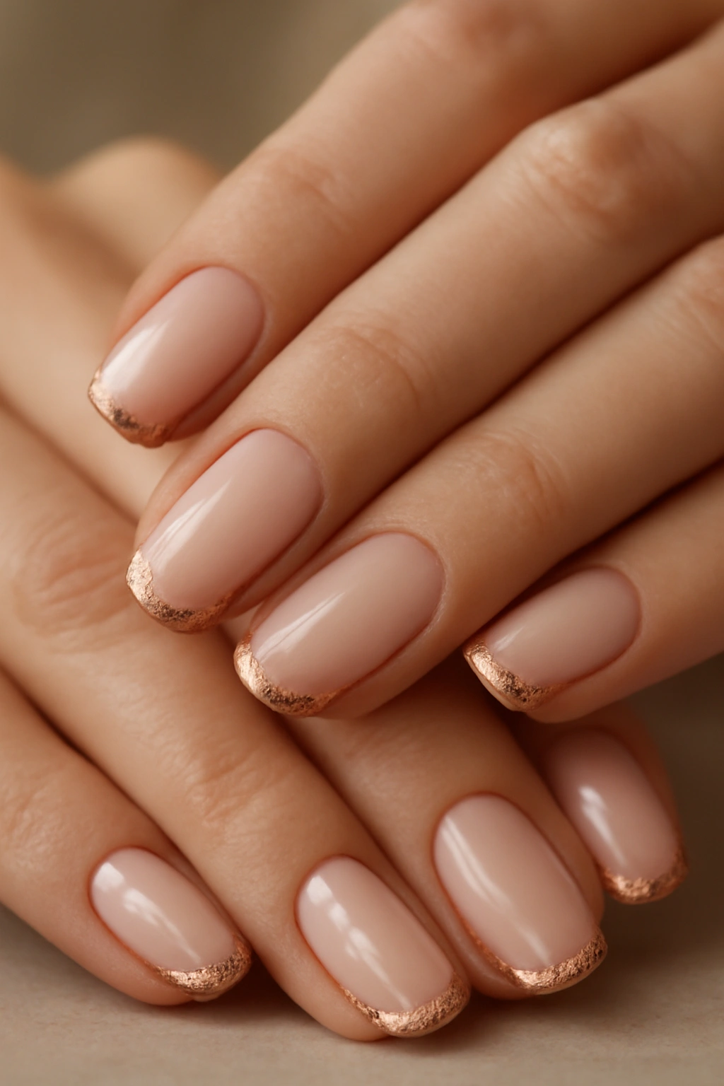 Close-up of nails with milky nude base and rose-gold French tips with subtle glitter.