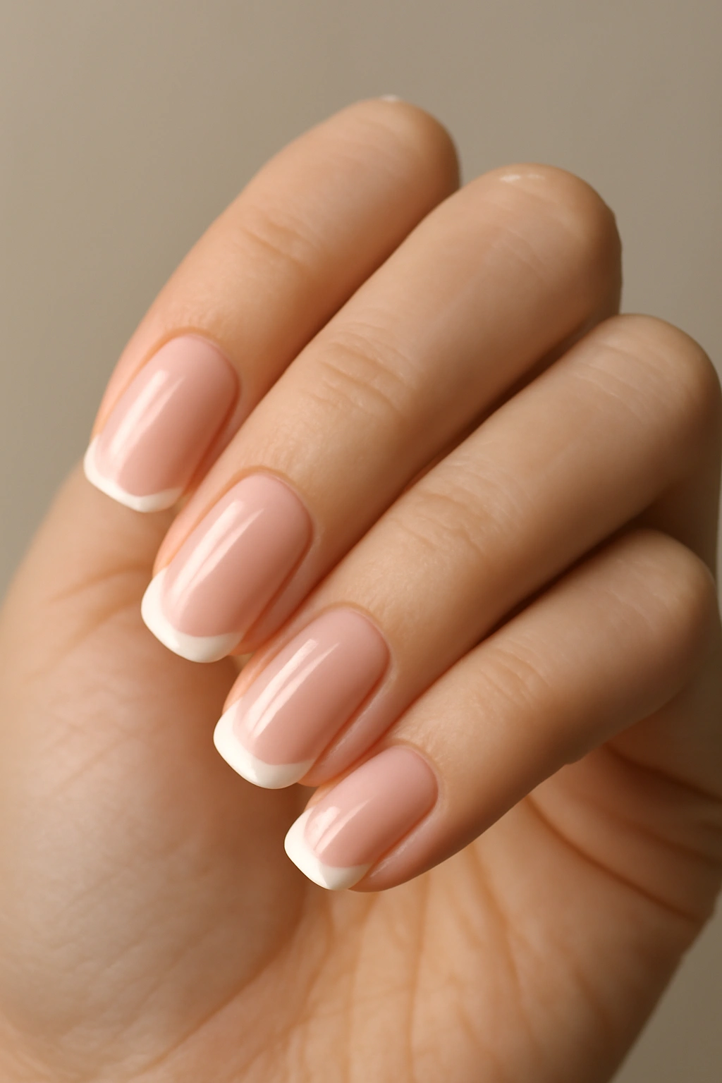 Close-up of a hand with a modern French manicure featuring off-white tips and pale pink base