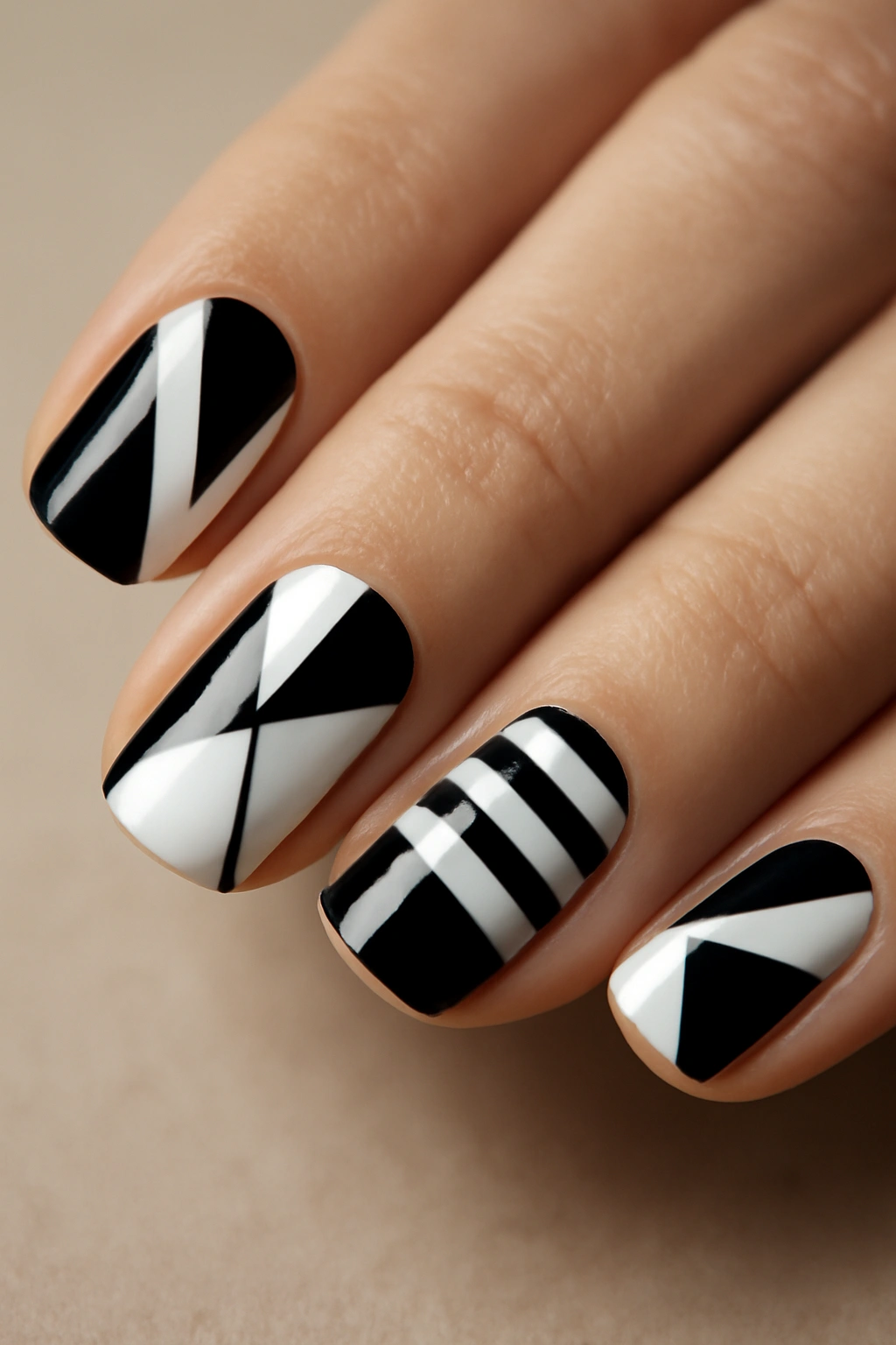 Close-up of geometric patterned nails in black and white