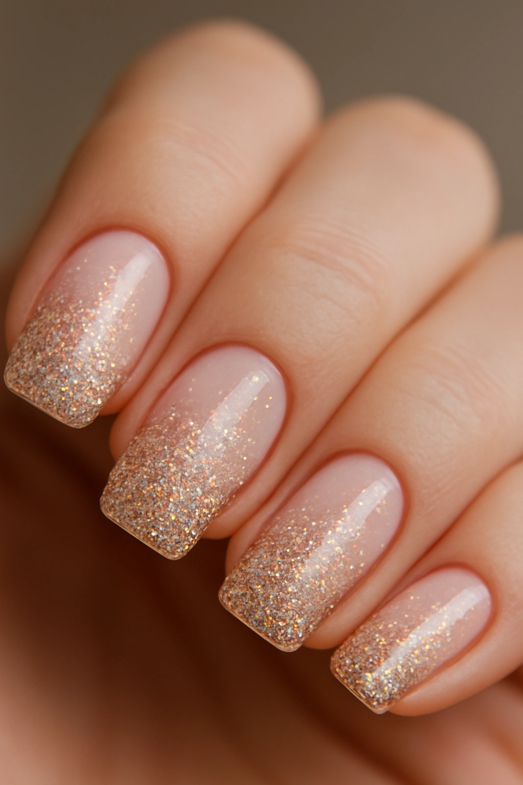 Close-up of glitter gradient birthday nails with nude base and glitter ombre.