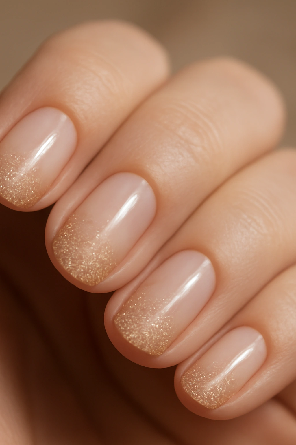 Close-up of nails with a subtle champagne glitter gradient along the cuticle