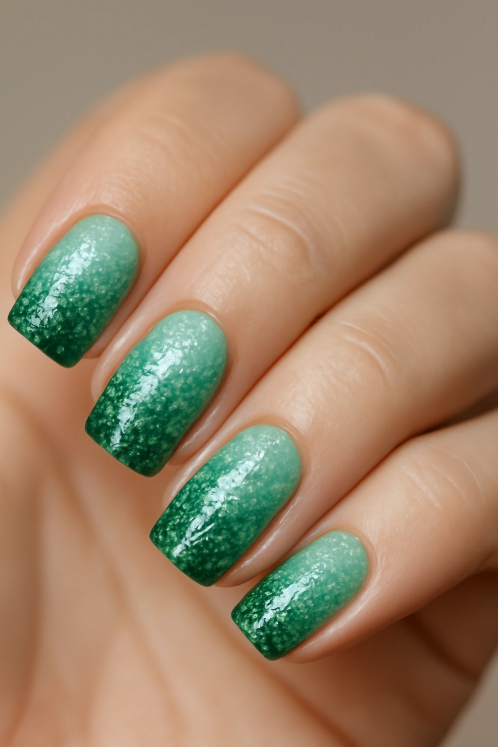 Close-up of glittering green ombre nails with mint to emerald gradient and glitter