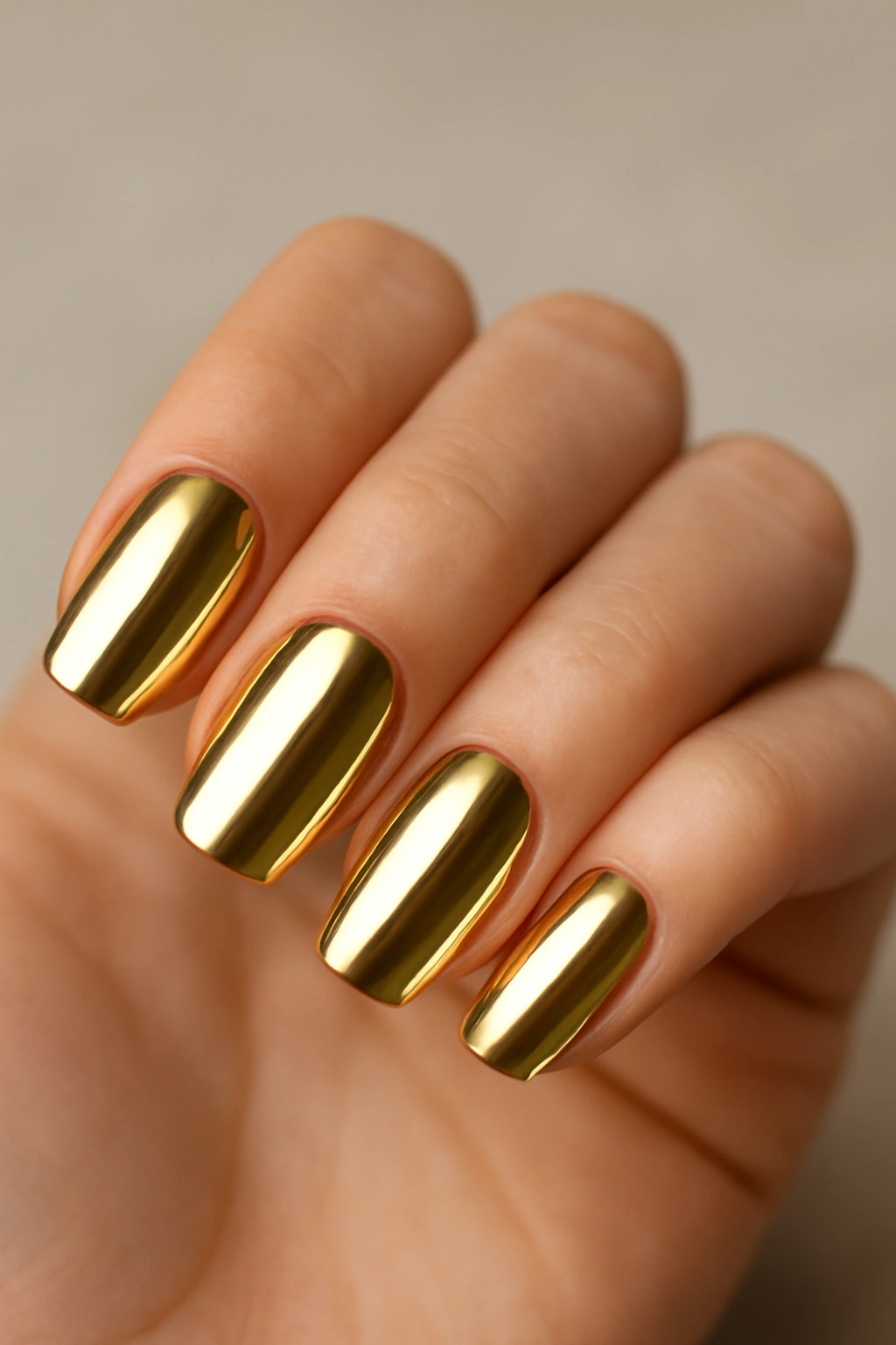 Close-up of gold chrome nails with polished metallic finish