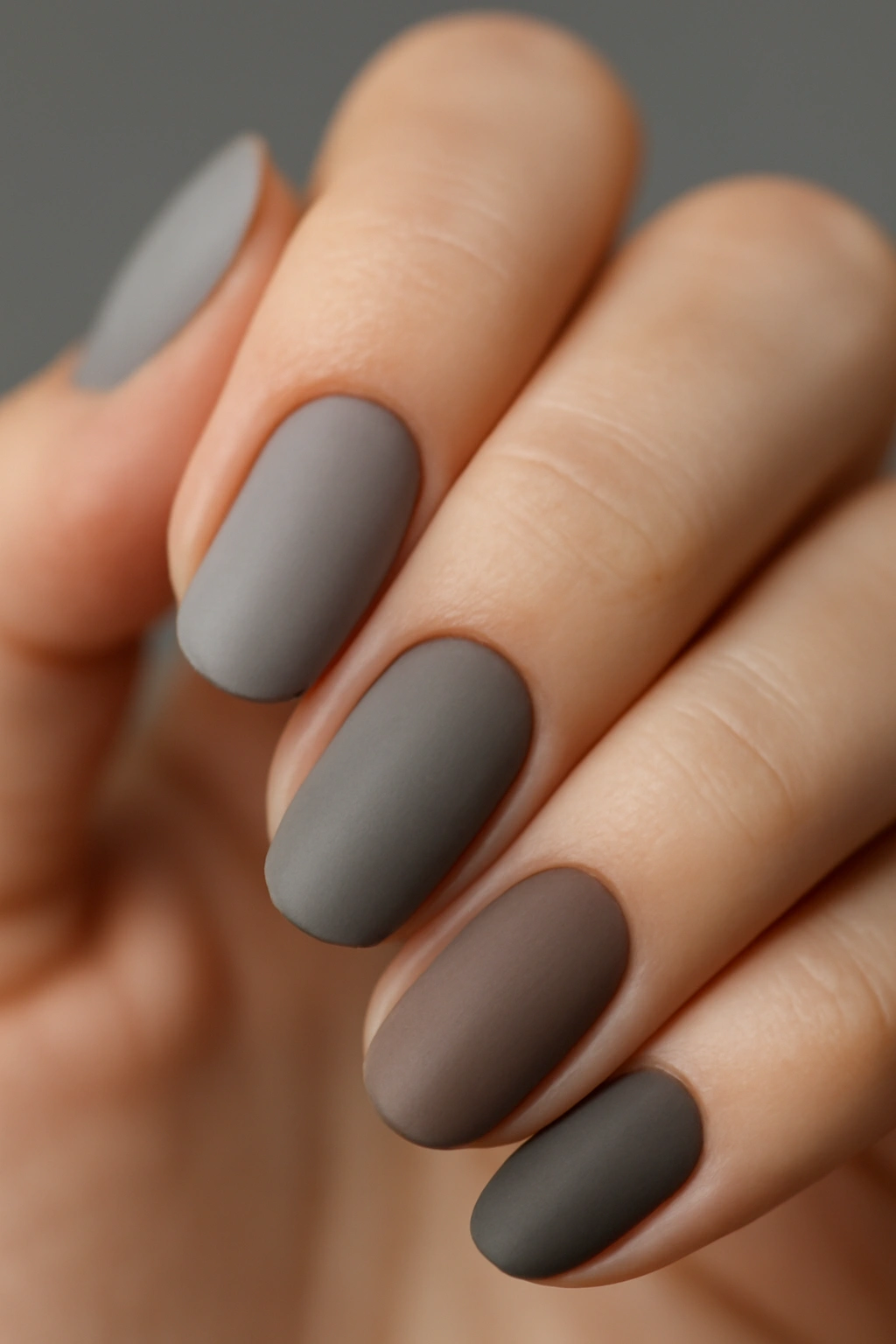 Close-up of nails in gray and taupe shades with a matte finish