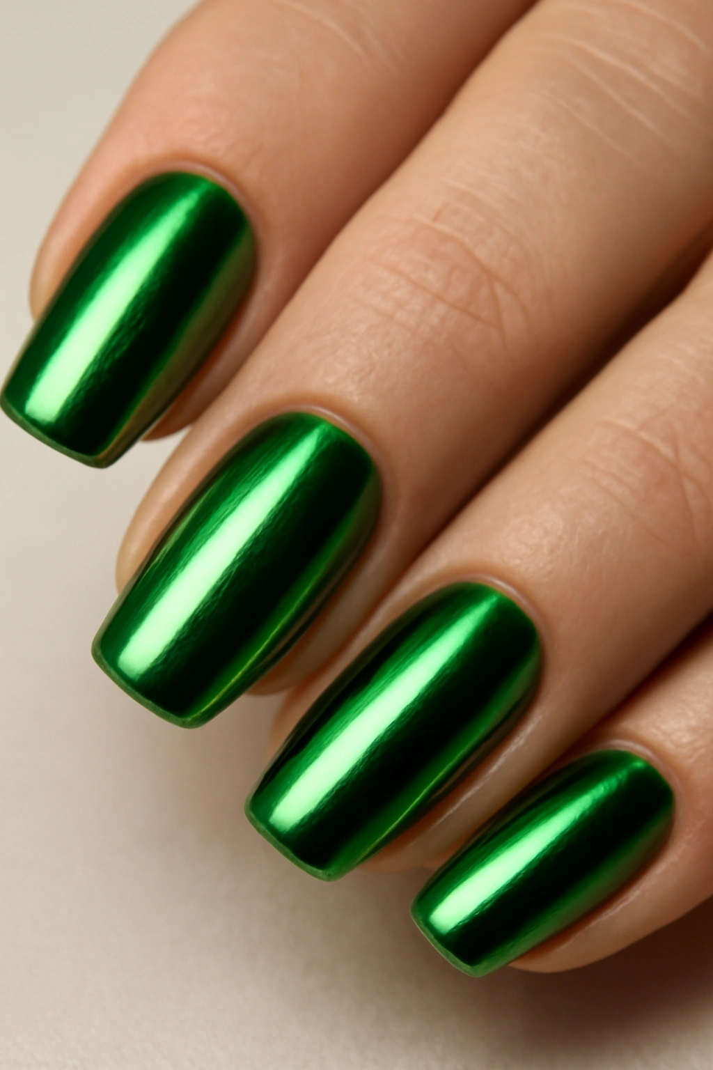 Close-up of green chrome nails with emerald high-shine finish