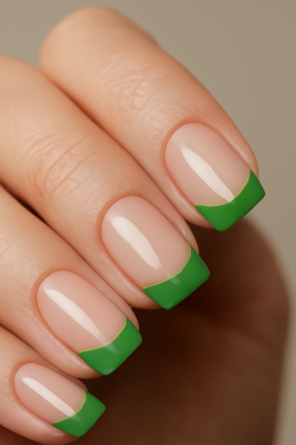 Close-up of nails with green French tips on a nude base, glossy finish