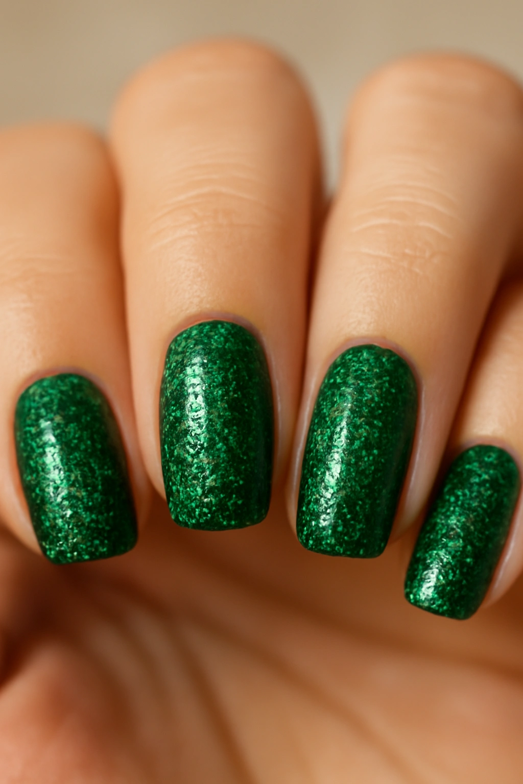 Close-up of full green glitter nail manicure with emerald glitter