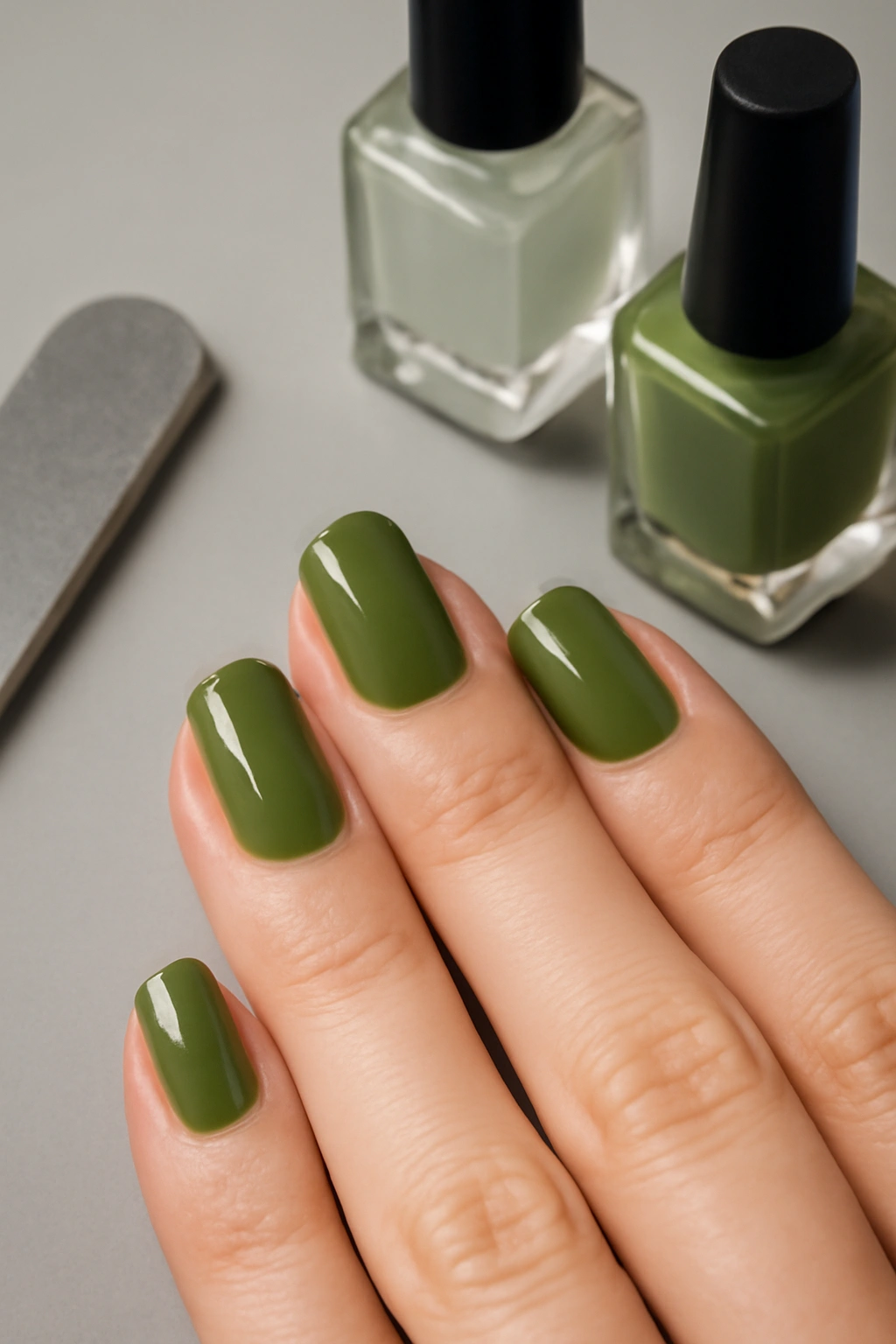 Nails with olive-green polish and manicure tools on a clean surface