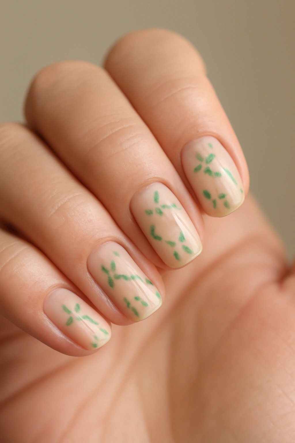 Close-up of nails with delicate mint-green floral nail art on a sheer nude base