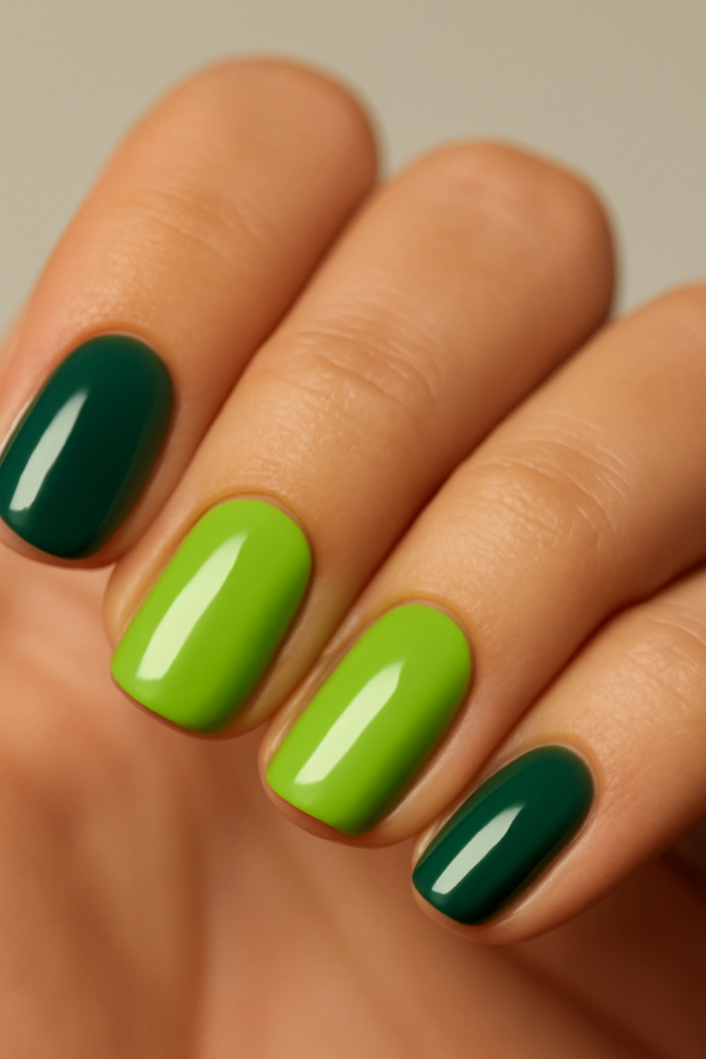 Close-up of nails with emerald and lime two-tone green manicure