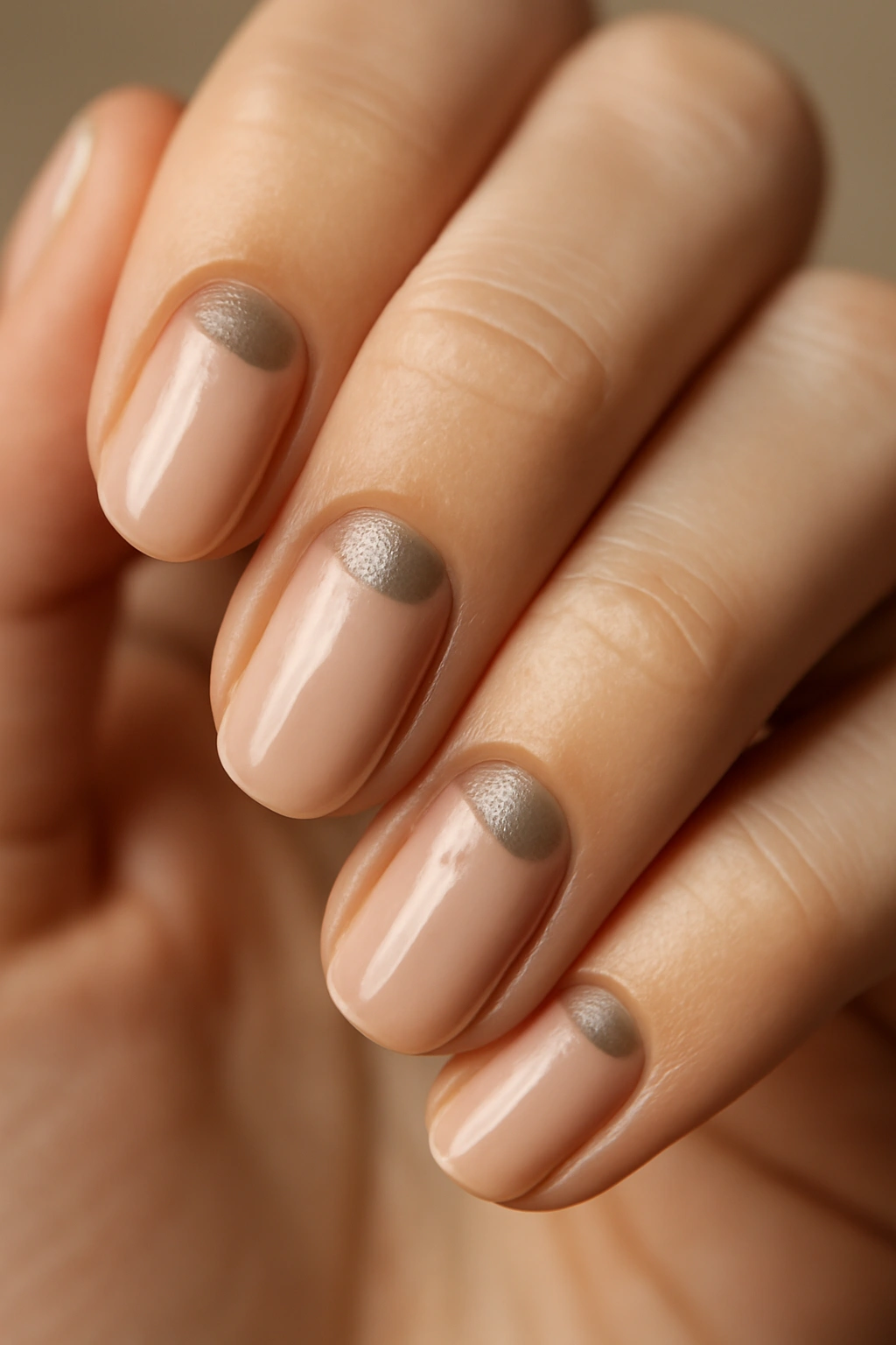 Close-up of nails with nude base and metallic half-moon at nail base