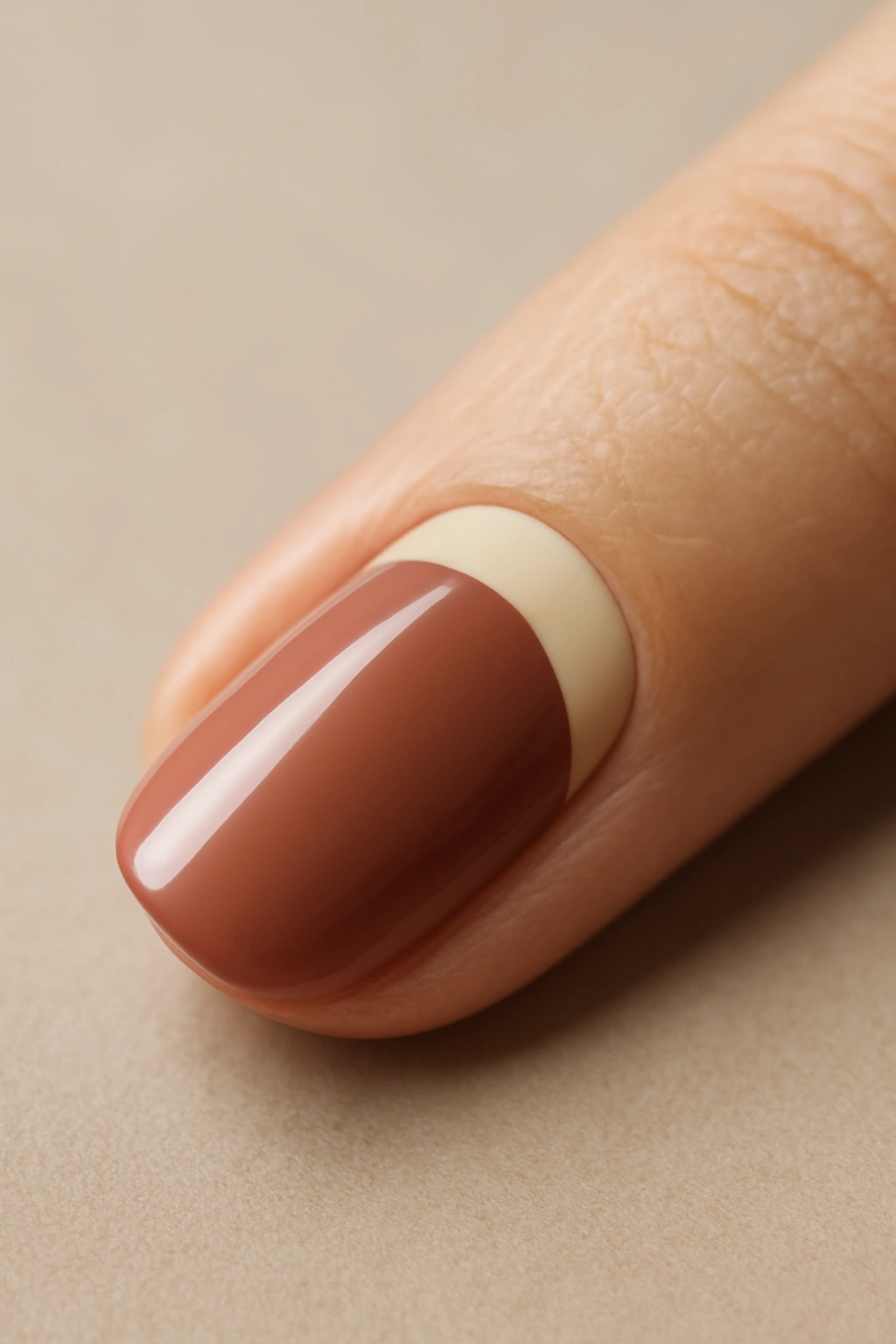 Close-up of a single nail with a sharp half-moon design on a solid base