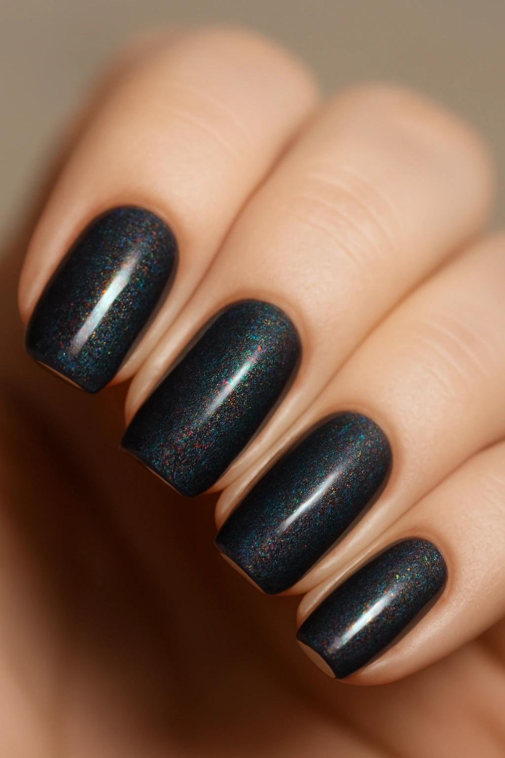 Close-up of nails with dark base and iridescent holographic topcoat