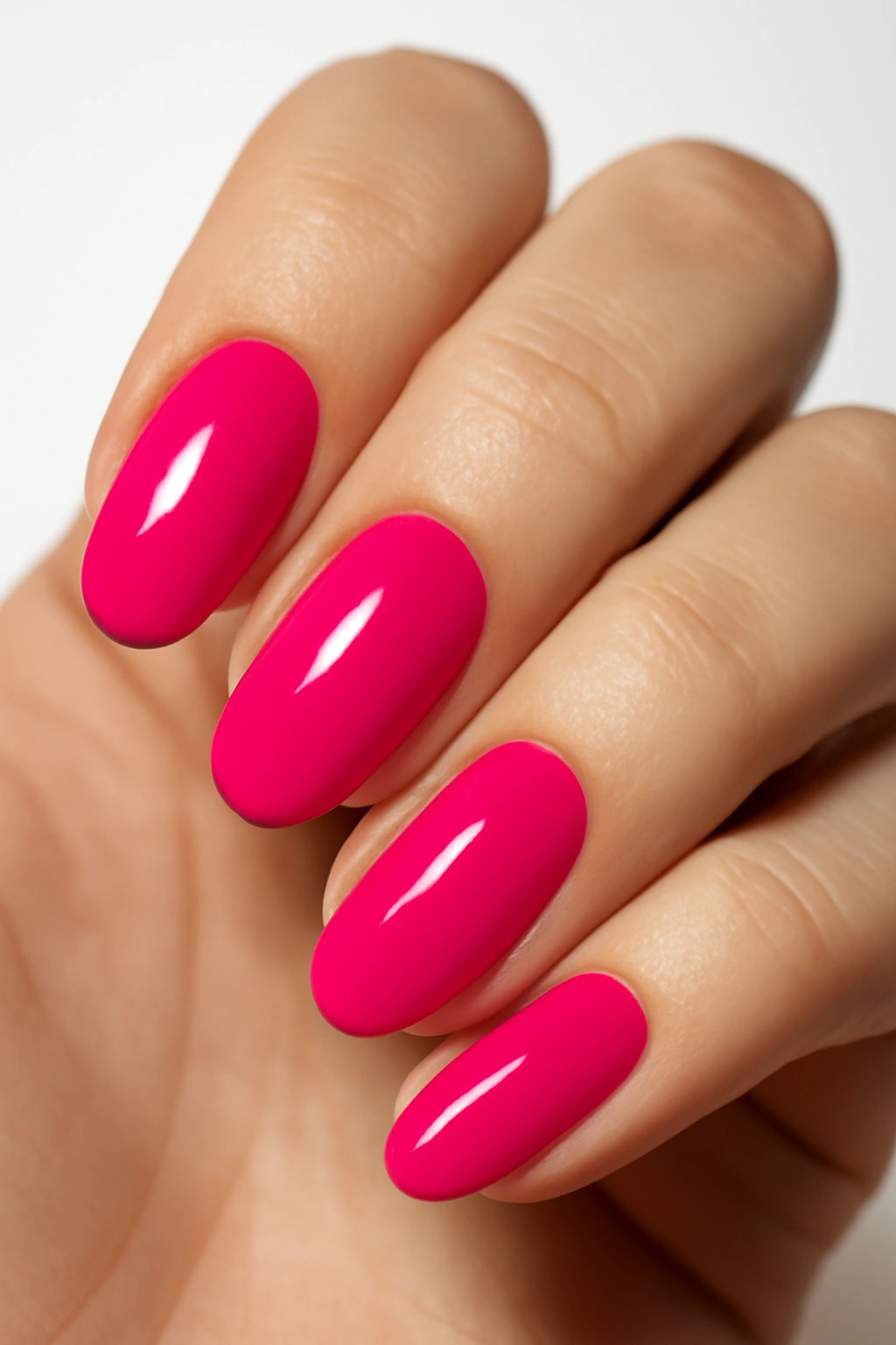 Close-up of nails painted in hot pink with a high-gloss finish