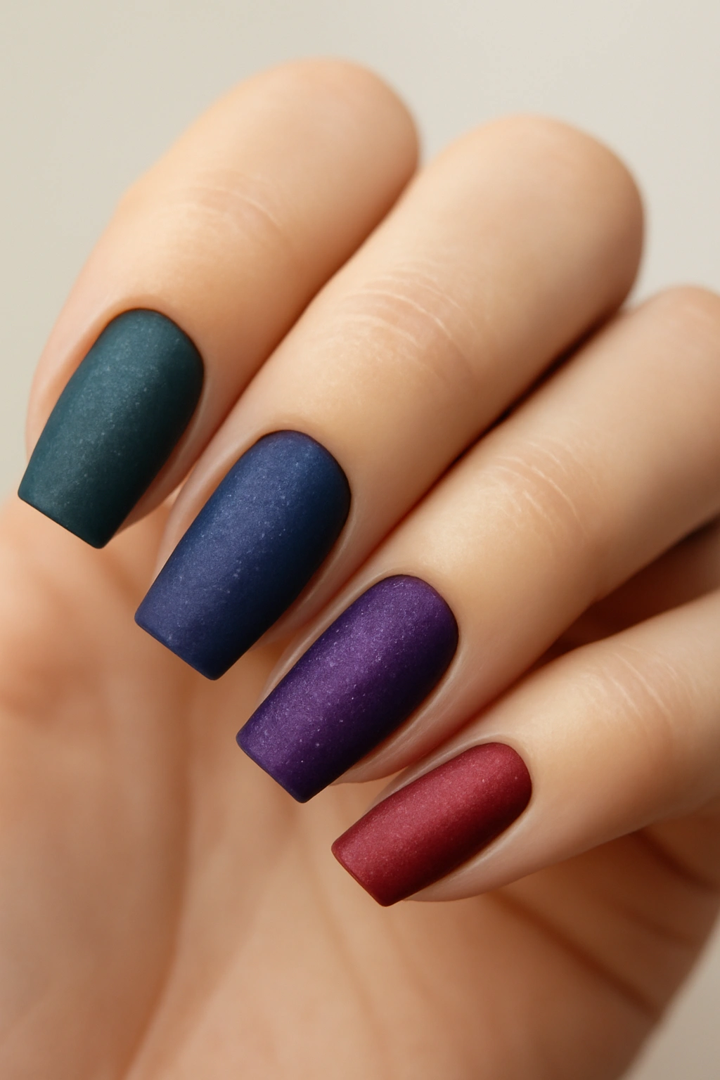 Nails in emerald green, sapphire blue, amethyst purple, and ruby red
