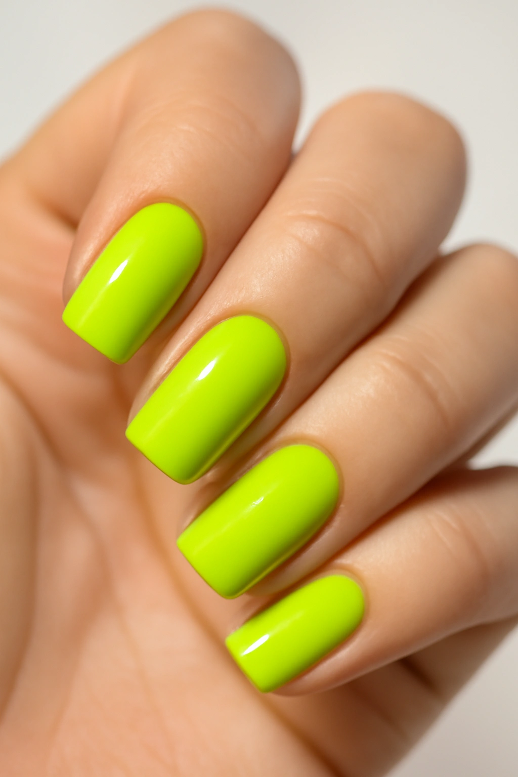 Close-up of bold lime green nails on a hand
