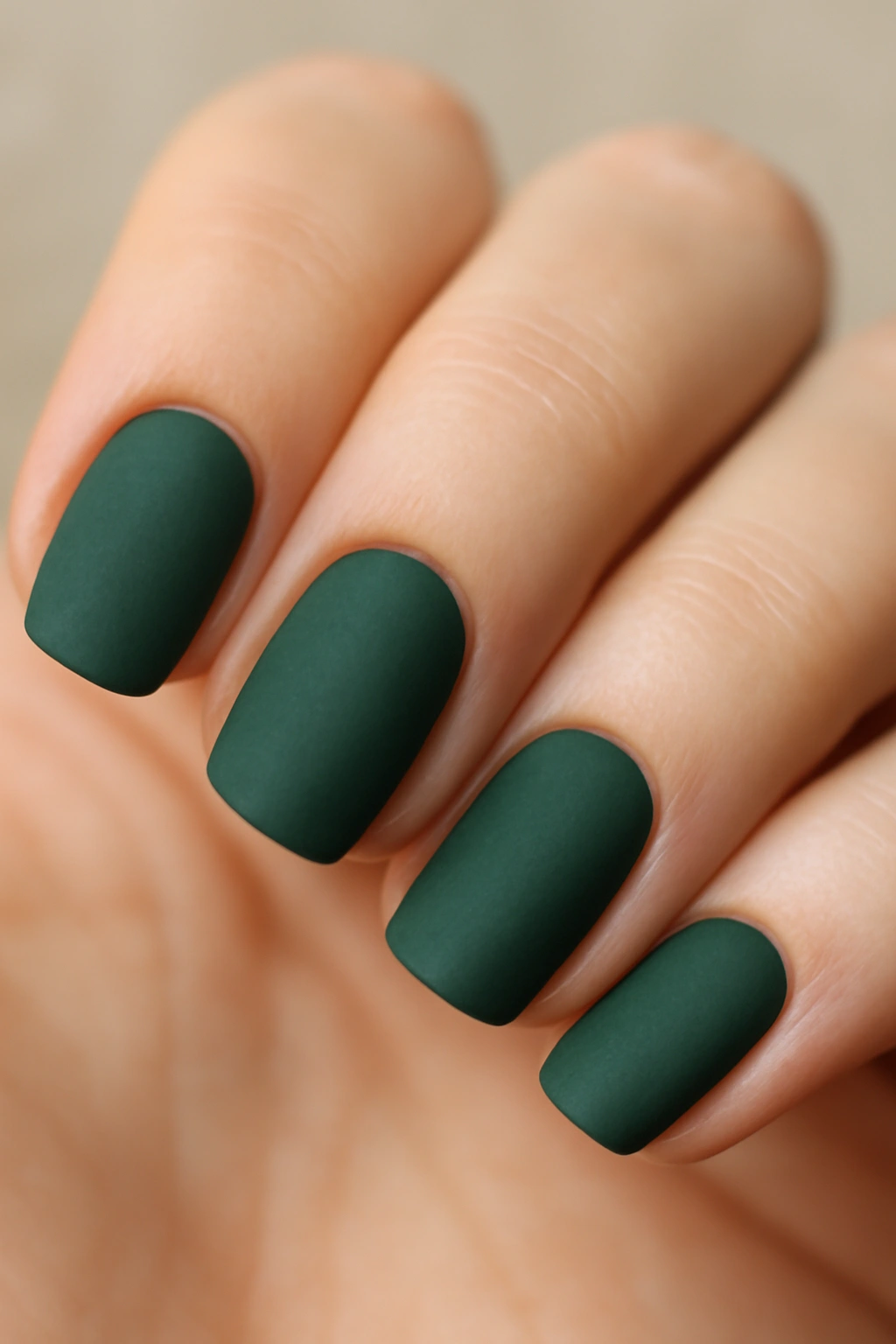 Close-up of matte forest green nails with velvety finish