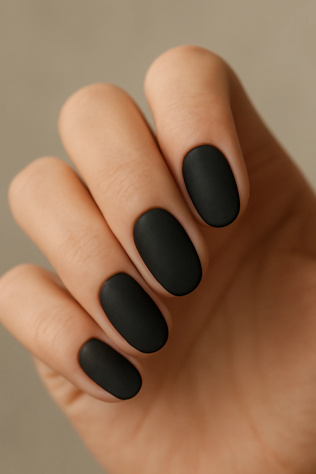 Hand displaying matte-finished gel nails in a solid color