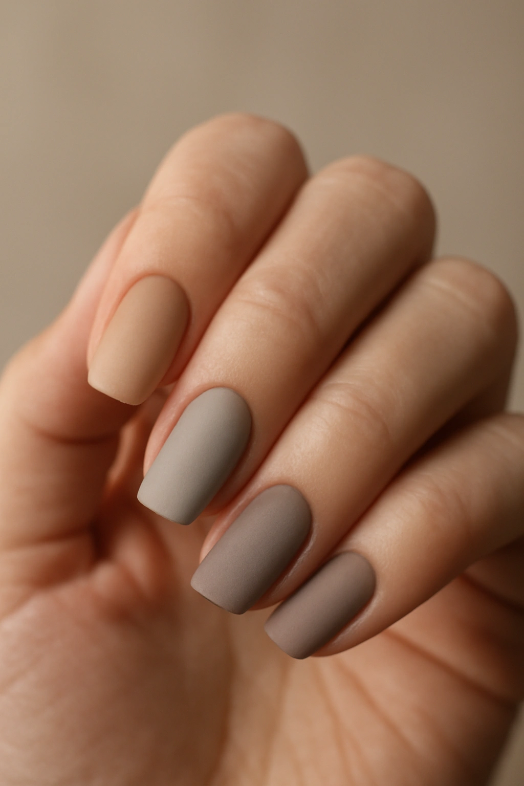 Close-up of hands showing matte nude and gray nails with velvety finish